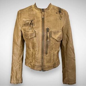 Members Only Distressed Tan Perforated Leather Moto Jacket